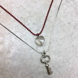 Layered Necklace Red Silver Heart Key